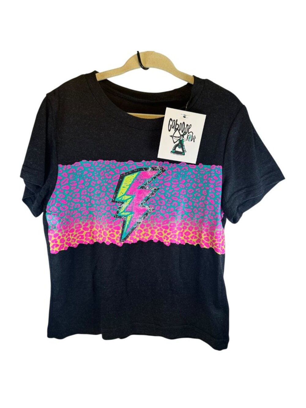 Caboose Kids Black Graphic T-Shirt With Neon Leopard Print & Lightning Bolt Desi